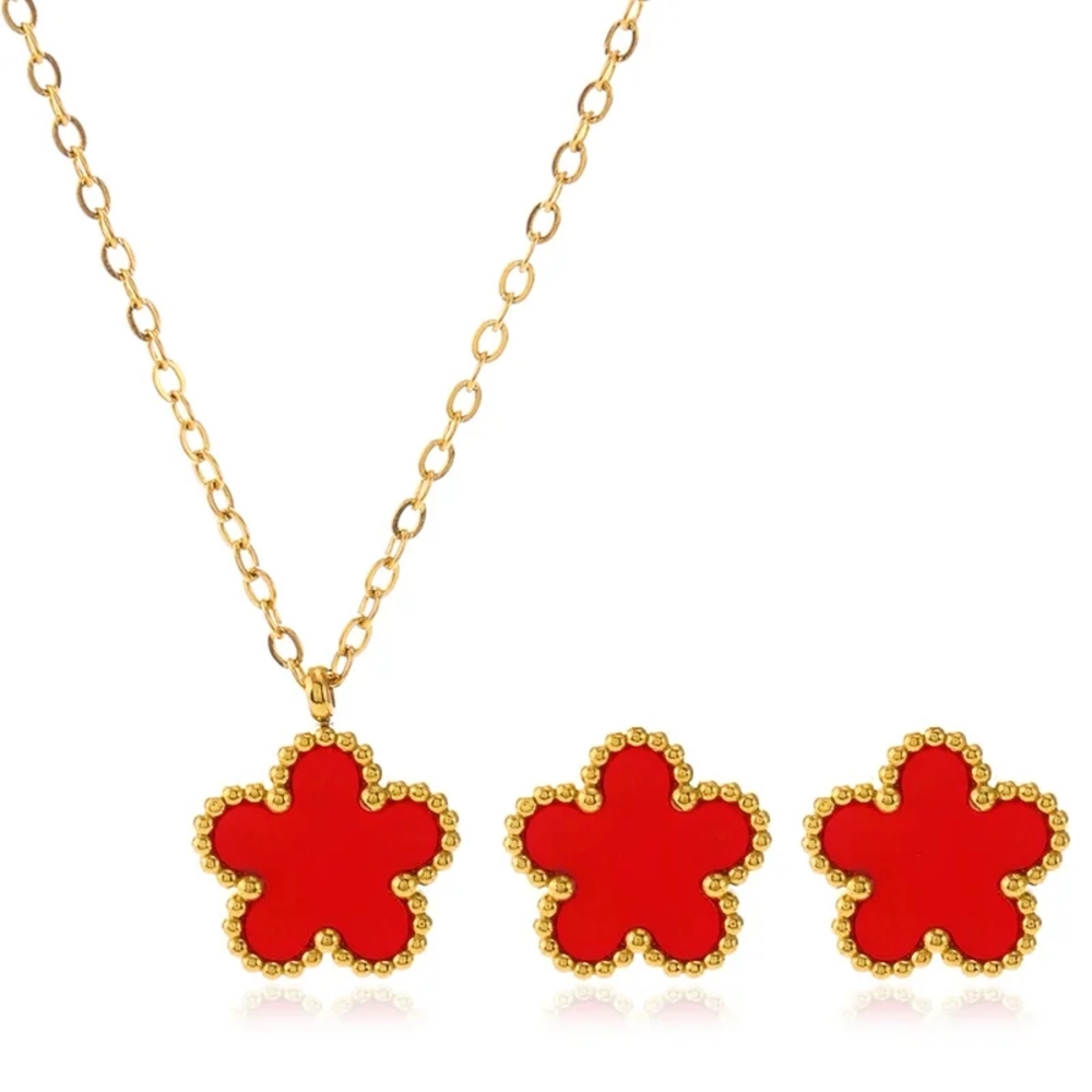 Red and Gold Flower Necklace with Pendant
